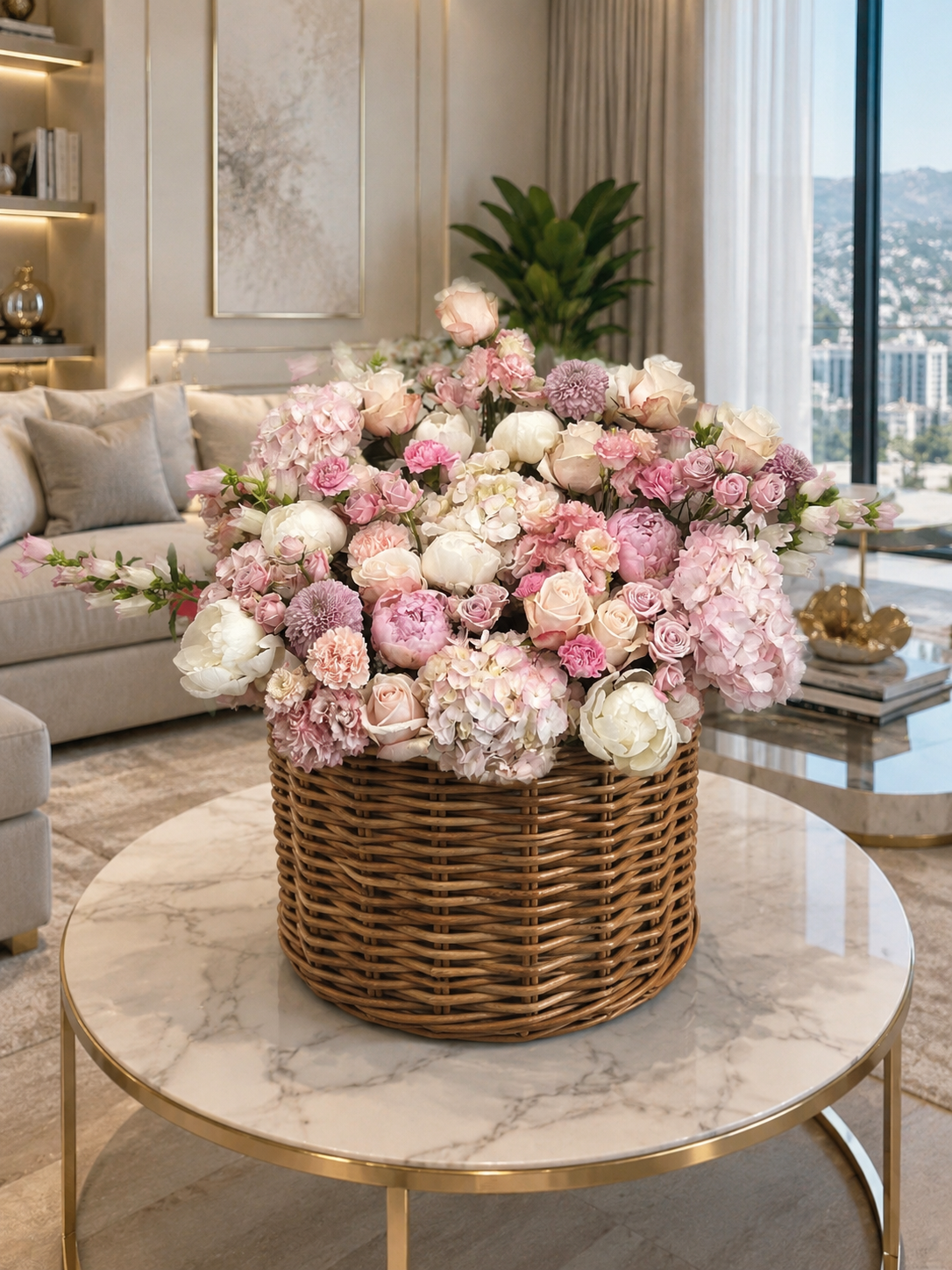 Composition florale blush dans un intérieur élégant