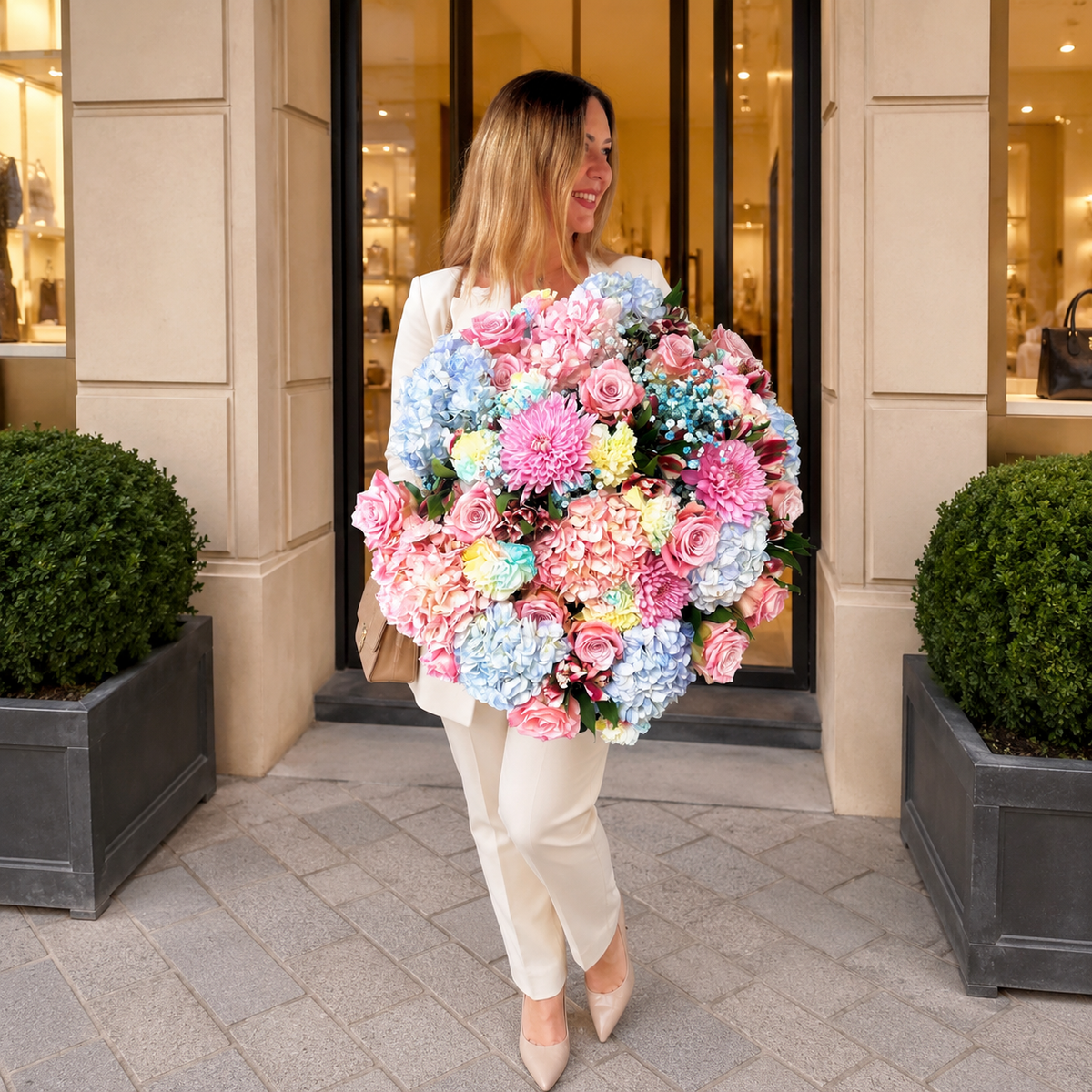 The Enchanted Cloud — bouquet XXL pastel rose poudré et bleu ciel · Blush Floral Designer, Nice