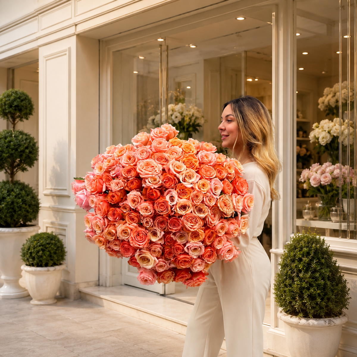 The Romantic — bouquet de 100 roses premium rose poudré, pêche et corail · Blush Floral Designer, Nice