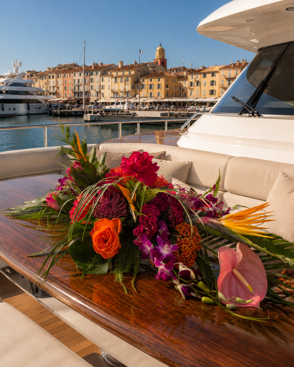 Composition florale sur le pont d'un yacht devant le port de Saint-Tropez